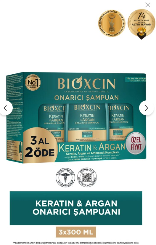 Bioxcin Keratin ve Argan Onarıcı Şampuan 3x300 ml