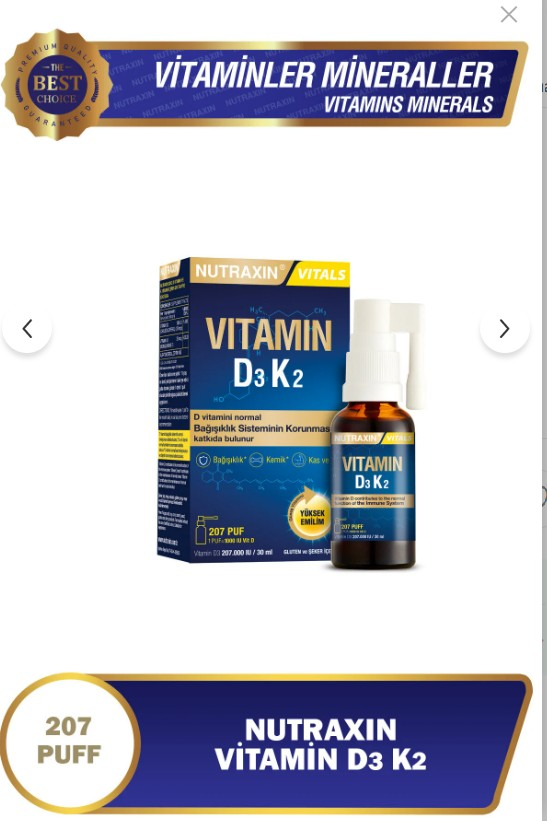 Nutraxin Vitamin D3K2 Takviye Edici Gıda 30 ml