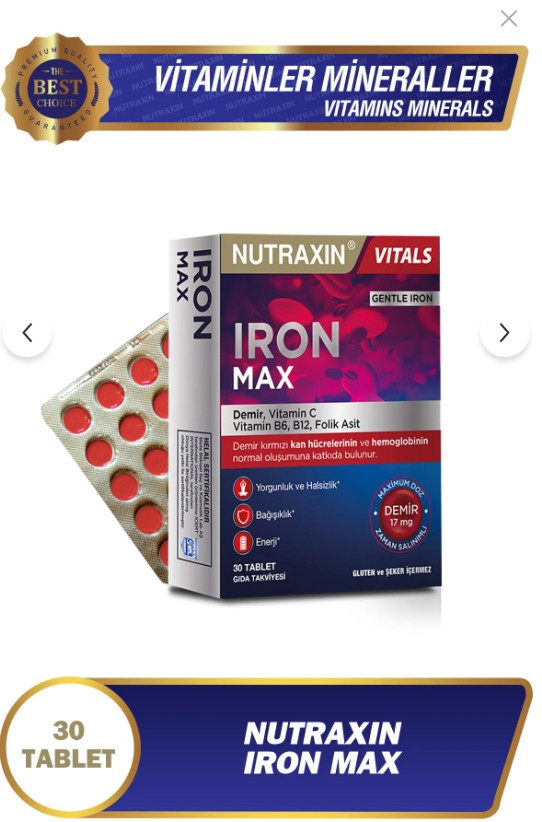Nutraxin Iron Max Takviye Edici Gıda 30 Tablet