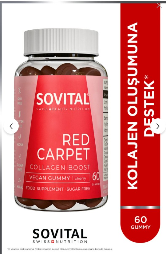 Sovital Red Carpet Kolajen Oluşumuna Destek Vişne Aromalı,Çiğnenebilir,Vegan,Şekersiz 60 Gummy