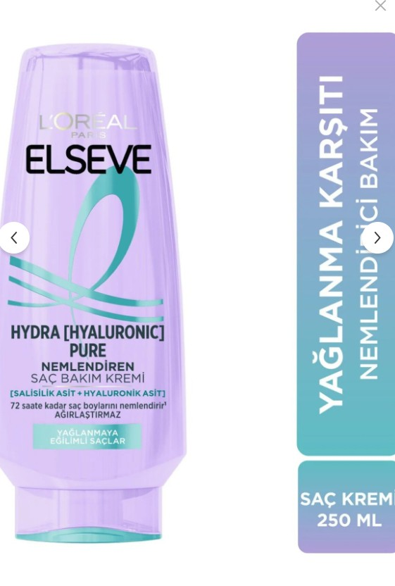 Loreal Paris Elseve Hydra Hyaluronic Pure Salisilik Asit İçeren Yağlanma Karşıtı Nemlendirici Saç Bakım Kremi 250 ml