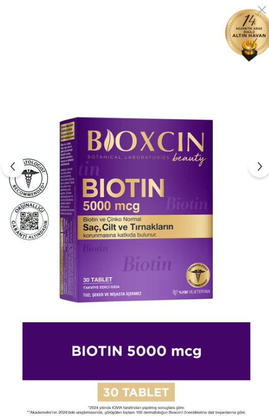 Bioxcin Biotin 5000 mcg Takviye Edici Gıda 30 Tablet