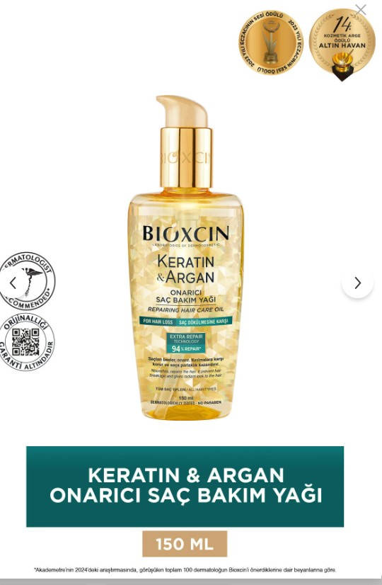 Bioxcin Keratin ve Argan Onarıcı Saç Bakım Yağı 150 ml