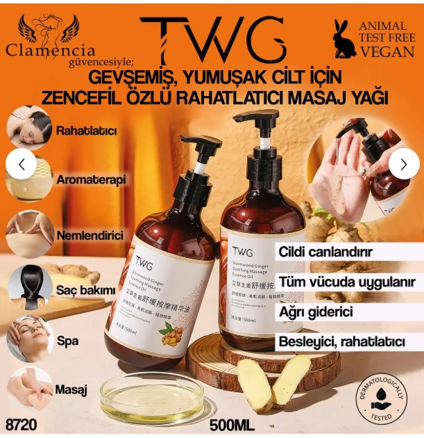 Clamencia TWG Zencefil Özlü Rahatlatıcı Vücut Masaj Yağı 500ml