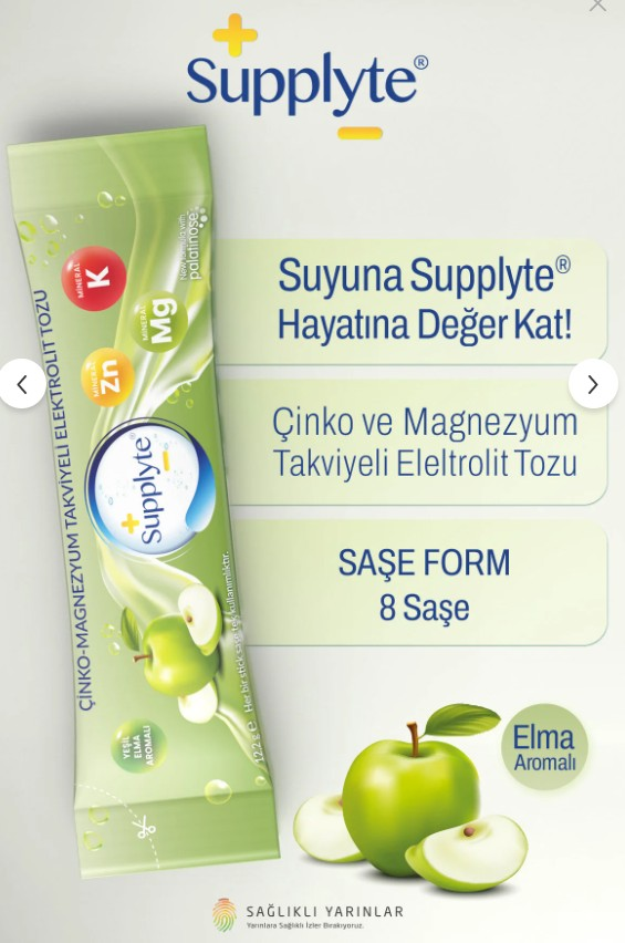 EnaFarma Supplyte Çinko Magnezyum Takviyeli Elektrolit Saşe Elma Aromalı 8 Adet
