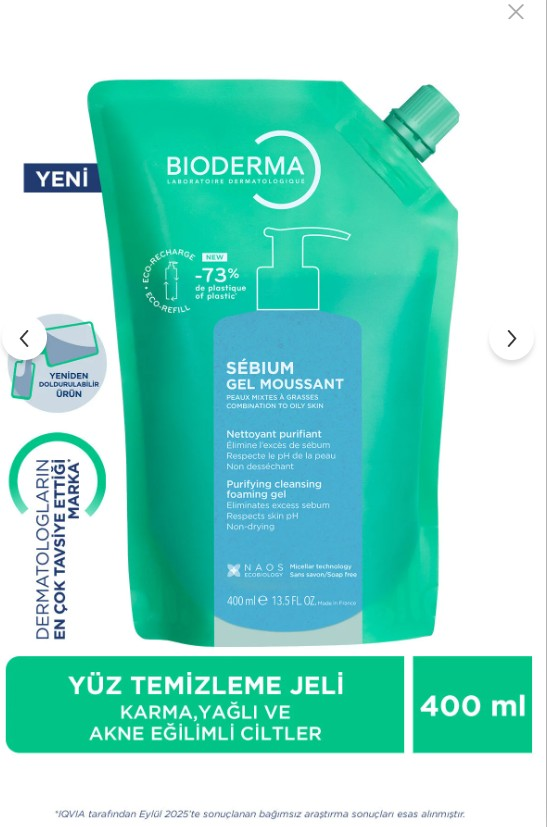 Bioderma Sebium Foaming Gel Refill Yağlı ve Akne Eğilimli Ciltler, Temizleme Jeli Yeniden Dolum Paketi 400ml
