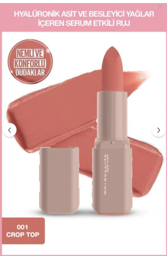 Maybelline New York Serum Etkili Hyalüronik Asit ve Besleyici Yağ İçeren Ruj - 001 Crop Top