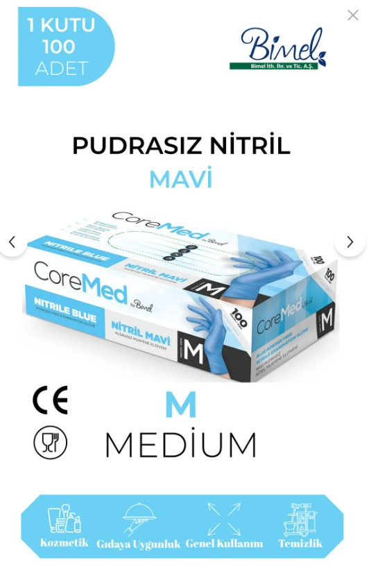 COREMED Nitril Mavi Pudrasız Muayene Eldiveni M - 1 Paket 100 lü